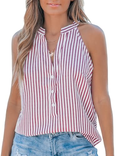 Image of CUPSHE Women's Striped V-Neck Tank Top Button Front Casual Sleeveless