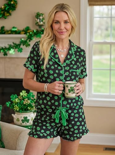 Image of KevaMolly Women Novelty Knotted Candy Cane Christmas Pajama Set | Christmas Floral Bow Print PJ Set, Button Lapel Knotted Drawstring Shorts with Convenient Side Pockets