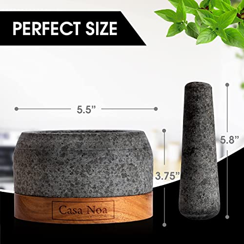 Casa Noa Mortar And Pestle Set With Wood Base - Heavy & Solid Unpolished Granite - 100% Natural, Large Guacamole Bowl, Stone Grinder, Molcajete Bowl, Anti-Scratch, 1.8 Cup Capacity, 5.8-Inch Pestle #TOP5
