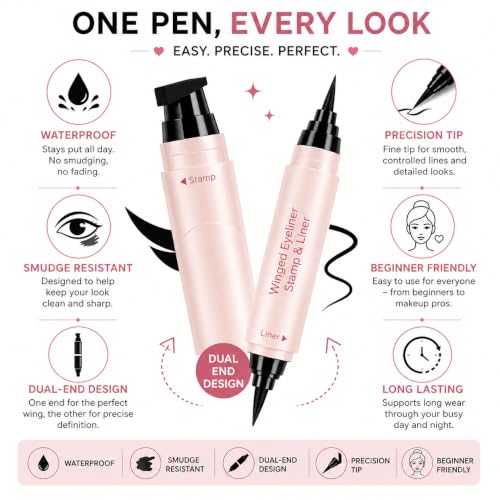 Image of Winged Eyeliner Stamp & Precision Liquid Eyeliner Pen | Dual End Cat Eye Stamp | Waterproof Smudge Resistant Long Lasting Eye Liner | Easy Symmetrical Wings | Black