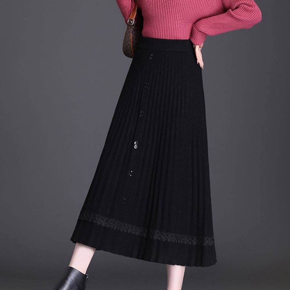 Rock Damen,Damen-Midirock, Schwarz, Elastisch, Mit Hoher Taille, Knopf, Spitze, Gestrickter, Plissierter Regenschirmrock, Schmaler A-Linien-Schaukel, Geraffte, Elegante, Lange Röcke Für Mädchen,