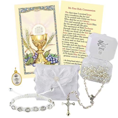 First Communion Gift Set For Girls, White Rosary, Medal, Bracelet, Pouch, and Prayer Card Included, 5 Piece Set
