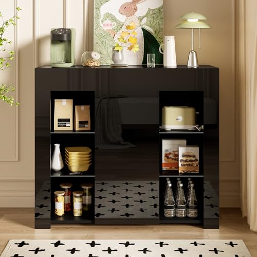 VIVCA Moderno buffet negro de 95 x 35 x 83 cm con frontal brillante – Solución de almacenamiento compacta y elegante con estantes de cristal y puerta de armario para salón, comedor o cocina