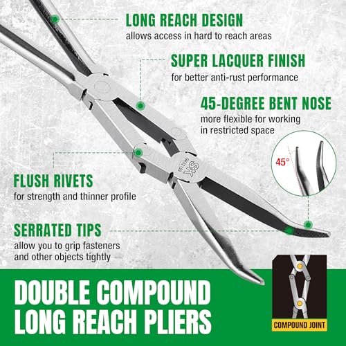 Image of SK 2-Piece Long Needle Nose Pliers, 13'' Double Compound Long Nose Pliers | Straight Long Reach Pliers, 45 Extra-long Bent Nose Pliers,Premium CR-V Steel, with Comfort Grips