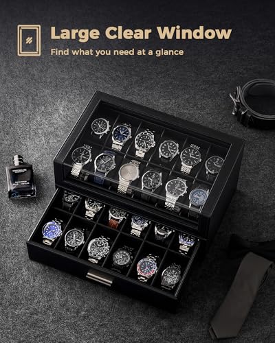Image of ProCase Watch Box for Men, 24 Slots Watch Display Holder with Clear Acrylic Top, Large Capacity PU Leather Case with Drawer Organizer, Jewelry Storage, Ideal Gift for Men Women -Black