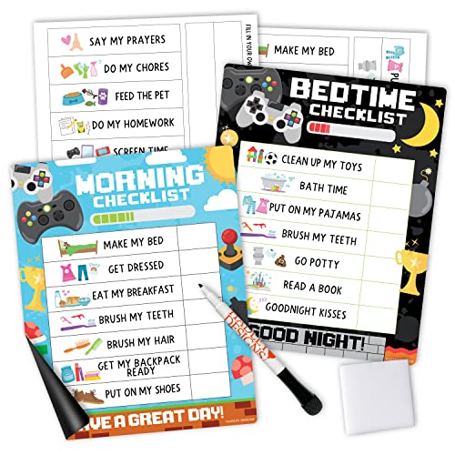 Image of Magnetic Morning & Bedtime Routine Chart for Kids - Customizable Toddler Daily Schedule Board with Dry Erase Surface, Stickers & Marker, Build Habits with Visual Checklists, Video Game Theme