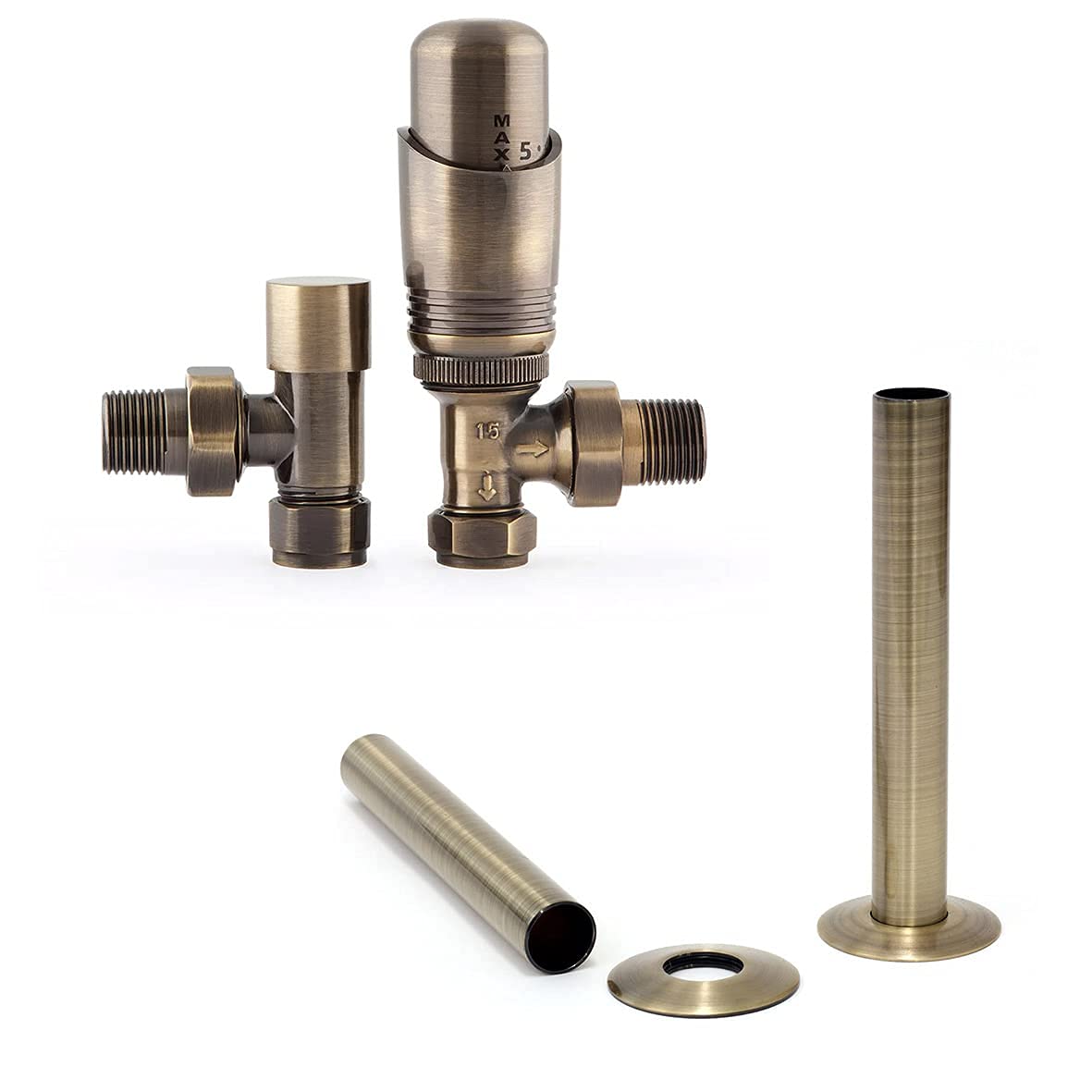 Foundry Antique Brass + 130Mm Pipe Shrouds Castrads Niva Angled Thermostatic Radiator Valve & Lockshield Set (Antique Brass + 130Mm Pipe Shrouds)