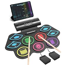 【9 Pads Portable Electronic Drum Set】Electric drum set includes: 1 snare, 3 tom, 1 crash, 1 ride, 1 hi-hat, 7 timbres, 10 demo songs; 10 rhythms 2 foot pedals. Kids drum kit offers lots of true analog drum sounds for the warmest, richest and most dyn...