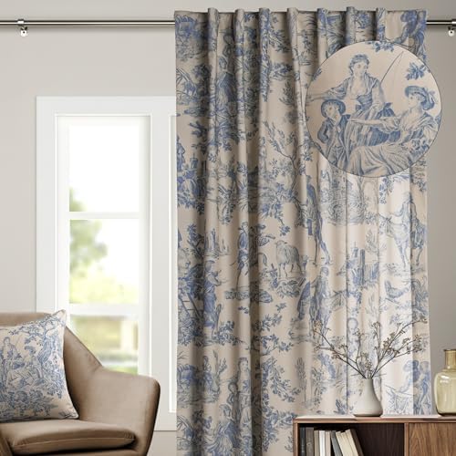 Maison d' Hermine Curtains for Living Room 100% Cotton 96 inch Length One Panel Light Filtering Toile Curtains for Bedroom Windows with Rod and Loop Pockets Drapes (The Miller Blue, 50" W x 96" L)