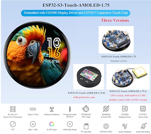 ESP32-S3 with 1.75inch AMOLED Round Touch Display Development Board, 466x466, QSPI Interface,Onboard Dual Digital Microphone Array, Support AI Speech Interaction, with 8Ω 2W Speaker and GPS Antenna by UeeKKoo - Image 2