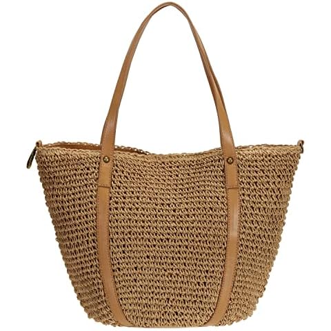 So'each Women's Handbag Wicker Woven Rattan Straw Tote Shoulder Bucket Bag, Khaki, M Cover
