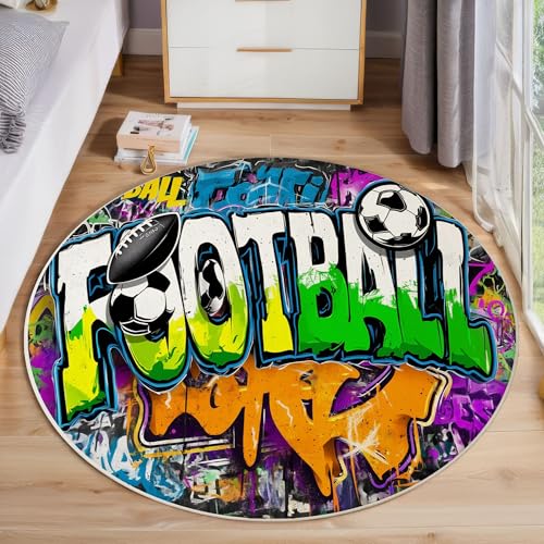 Tapis affiche lettres football 160 cm jaune vert style graffiti urbain pour salon et chambre