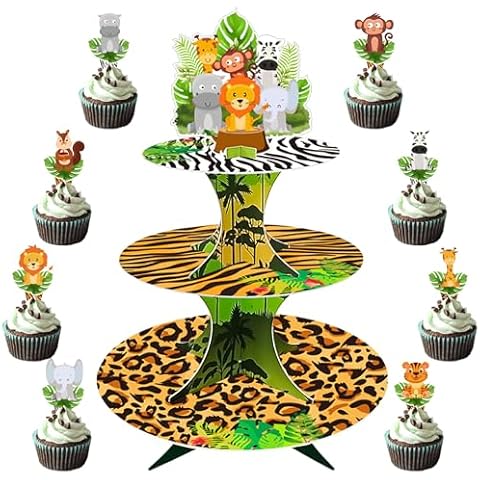 3 Tier Jungle Safari Cupcake Stand with 24 Cupcake Toppers, Wild Animal Dessert Holder for Forest Jungle Safari Birthday Baby Shower Sage Green Party Decorations Supplies for Cupcake Cover