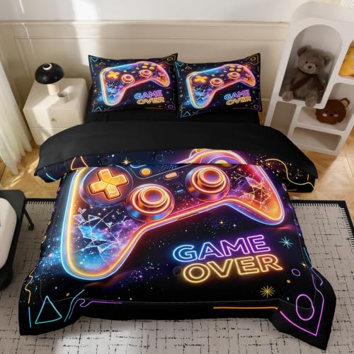 Image of NINENINE Gamer Controller Comforter Sets, Neon Galaxy Gaming Bedding 5PCS Full Size Comforter Sets for Teen Boys Gamers (1Comforter, 1Flat Sheet, 1Fitted Sheet, 2Pillowcases)