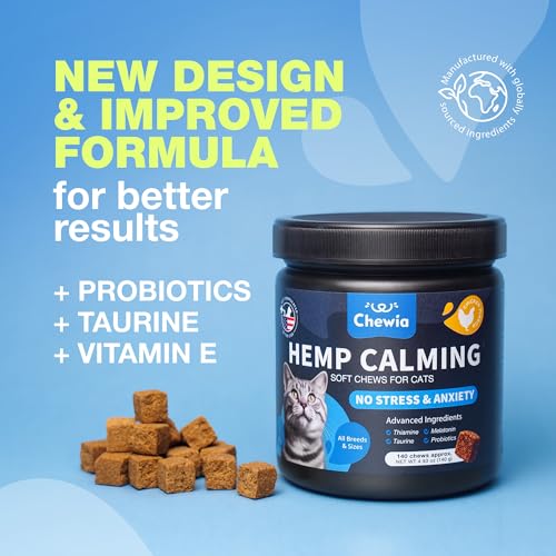 Hemp Cat Calming Treats - Probiotic Melatonin Soft Chews for Cat Anxiety Relief with Hemp Seed Oil - Calming Chews for Stress, Storms, Travel, Grooming, Separation Anxiety - Behavioural Support