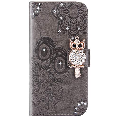 Compatible avec OnePlus 5 Housse,Coque OnePlus 5 Pochette Portefeuille Housse en Cuir Coque à Rabat Clapet Etui 3D Brillante Hibou Glitter Pailletté Strass Flip Wallet Case,Gris