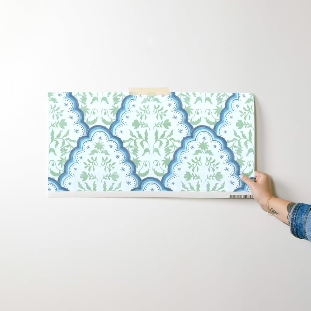 Removable Wallpaper Swatch - Scallop Botanical India Paisley Block Print Blue and Green French Country Custom Pre-Pasted Wallpaper by Spoonflower