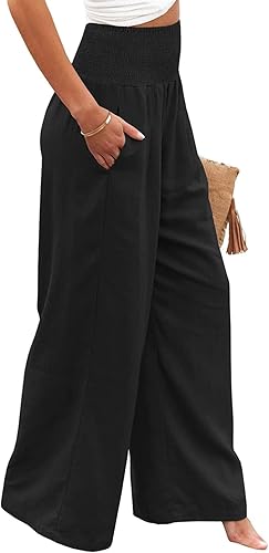 Miniatura 2 de Ru Sweet Pantalones palazzo de algodón y lino de cintura alta para mujer, pantalones largos de pierna ancha con bolsillo