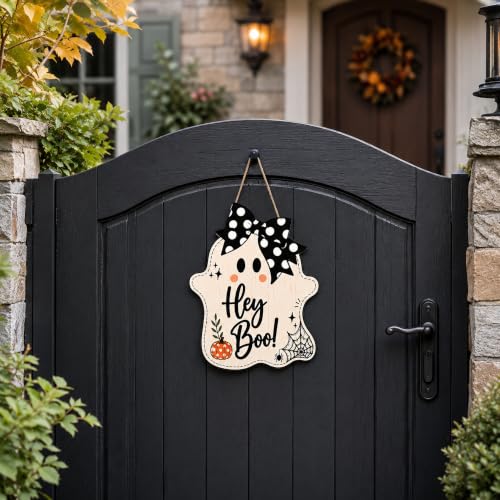 Image of Halloween Party Decorations - Hey Boo Wooden Ghost Sign for Front Door | Cute Ghost Halloween Garland Wood Wreaths Door Sign Decor- Halloween Party Favors Supplies for Home Wall Decor