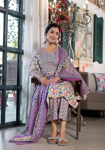 Image of MIRCHI FASHION Women's Straight Fit Pure Cotton Jaipuri Floral Printed Sequins Thread Work Kurta Set with Dupatta and Trouser