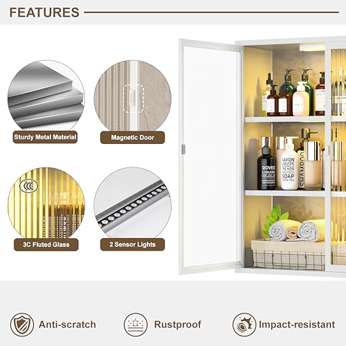 Image of Laundry Room Cabinets Wall Mounted, Metal Bathroom Wall Cabinet with Glass Doors & LED Lights, White Medicine Cabinet for Bathroom, Kitchen, Living Room and Entryway