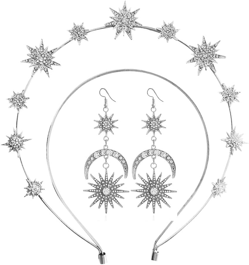 SYOSI Halo Crown, Moon Stars Goddess Crown, Halo Headband Crystal Tiaras and Crowns With Earrings for Women Bridal Wedding Prom Birthday Cosplay Hair Accessories for Women Girls (Silver)
