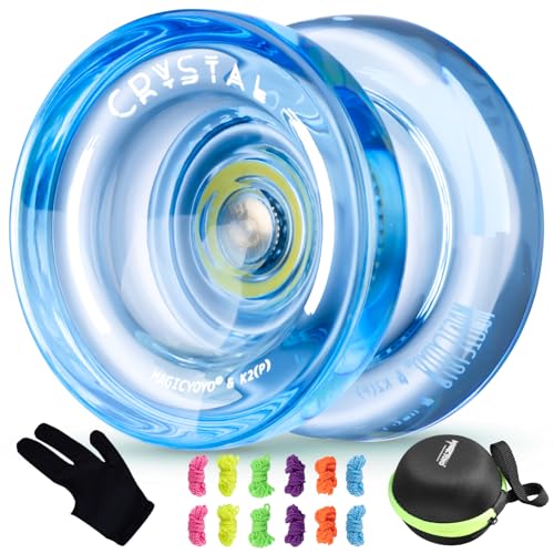 Image of MAGICYOYO K2 Crystal Plastic Yoyo for Kids 8-12 & Beginners, Durable PC Responsive Yoyo Professional with Finger Spin Hub, Includes 12 Yo yo Strings, Glove & Bag (Crystal Blue)