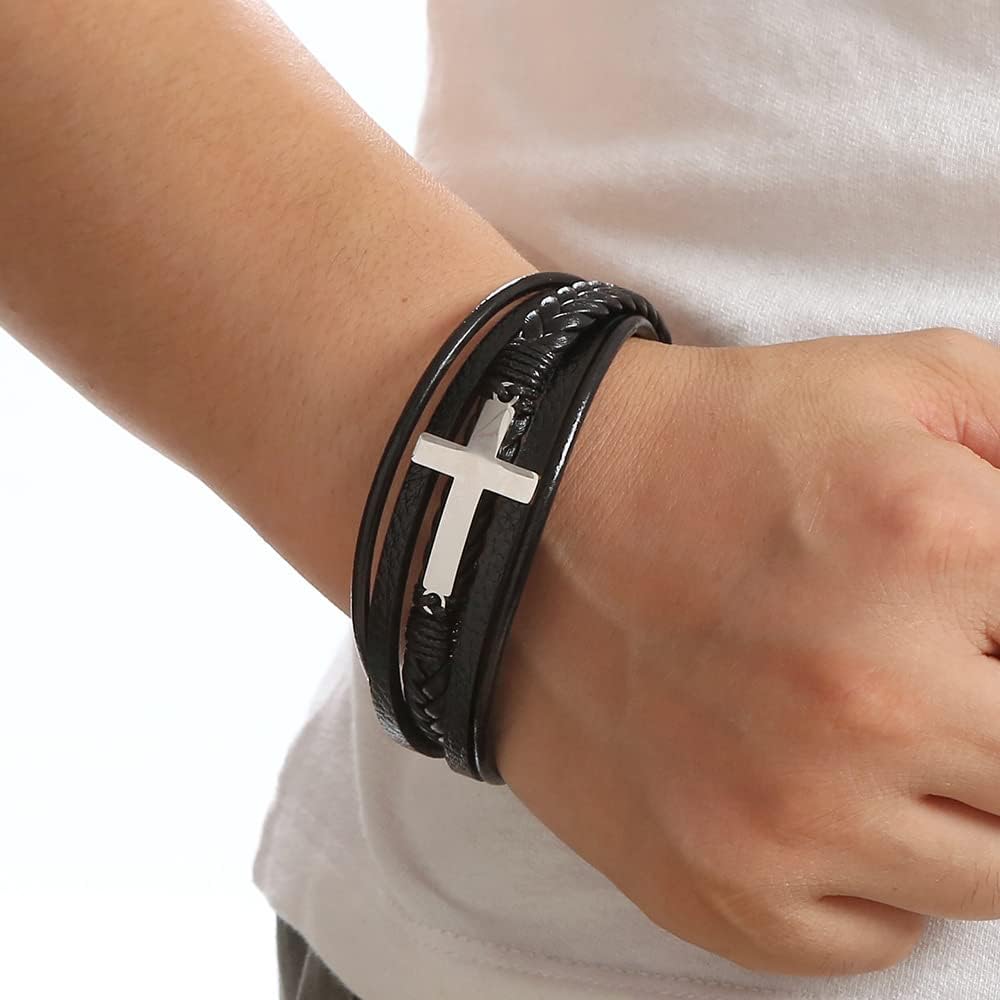 Personalized Name To My Grandson Eternal Guardian Faith Bracelet With Gift Box, Cross Bracelets Stainless Steel Grandson's Bracelet from Grandma For Boy Birthday Christmas New Year Gifts