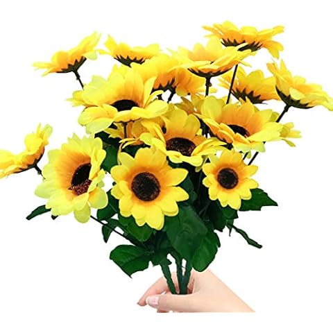 HOTLIKE Artificial Sunflower, Fake Plants Bouquet Decor, Plastic Realistic Flower, Handmade Garland Leaves Greenery Party Garden Wedding Backdrop Arch Table Wall Decoration (3 Bundles) Cover
