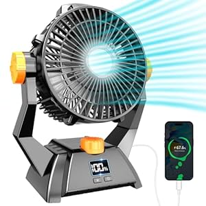 Camping Fan 20000mAh Rechargeable, Portable Battery Powered Fan with Led Light and Hook for Camping Tent Fan, Personal Quiet Desk Fan for RV Travel Beach Fishing Hurricane Emergency Power Outage