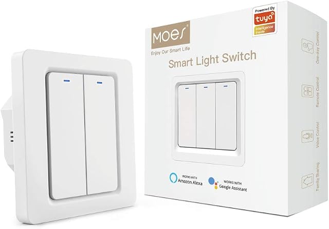 MOES WiFi Smart Light Switch, Neutral Wire Needed, Push Button Smart Switch Wall Switch, Works with Smart Life/Tuya APP Remote Control, Alexa Google Home for Voice Control, 2 Gang White