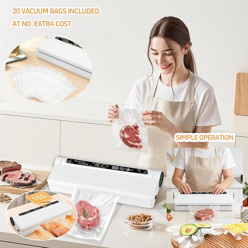 Image of Food Saver Vacuum Sealer Machine - 75KPA Powerful Vacuum Sealer for Food with 20 Bags, Compact Food Vacuum Sealer Machine w /Digital Timer, Easy to Use for Home Kitchen