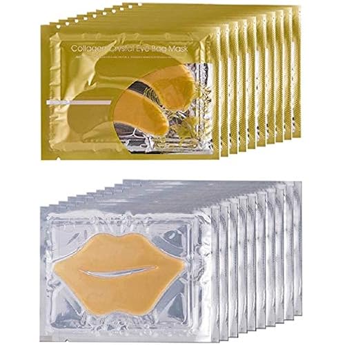 10 Pairs Collagen Crystal Eye Mask and 10 Pcs Collagen Crystal Lip Mask, Anti Aging Eye and Lip Mask, Collagen Crystal Mask Set (Gold)
