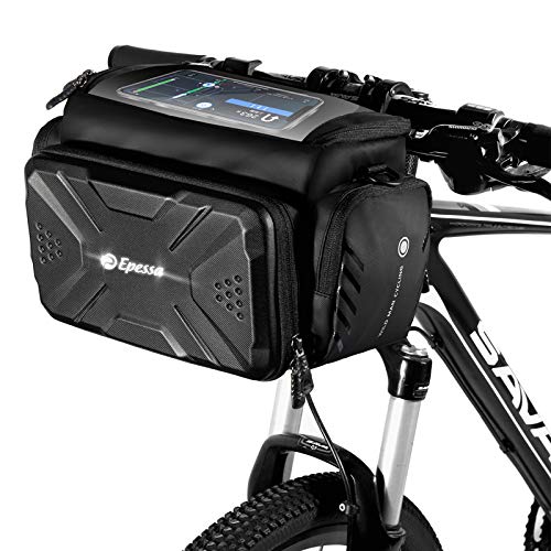 Epessa 4L Fahrrad Lenkertasche, Fahrradkorb mit strapazierfähiger, schnell montierbarer und lösbarer Doppelklemmhalterung, Hartschalengehäuse mit abnehmbarem Schultergurt und empfindlichem Touchscreen Cover