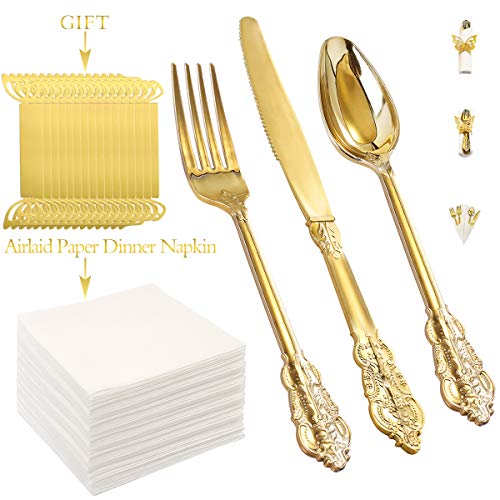 NERVURE 50PCS Gold Plastic Silverware Set- Gold Plastic Cutlery- Disposable Flatware for Party
