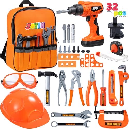 JOYIN 32PCS Kids Tool Set, Pretend Role Play Toddler Tool Toys with Construction Backpack Costume & Electronic Toy Drill for Boy Girl Halloween Present Birthday Dress Up Party
