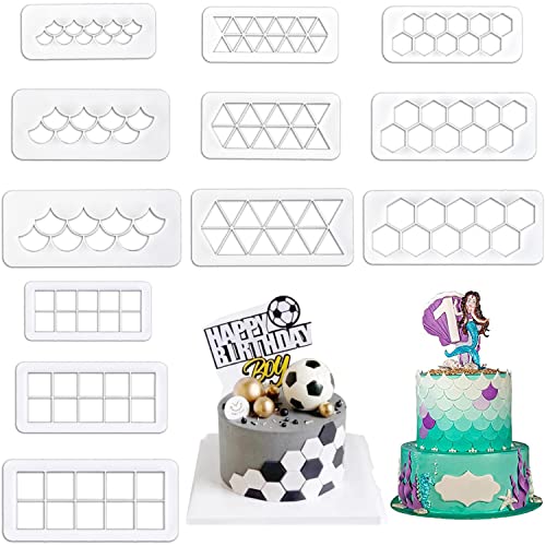 12 PCS Cake Fondant Cutter, Fish Scale Fondant Cutters 4 Size Biscuit Cutters Cake Decorating Cookie Cutter Cake Border Decorating Tool for Square & Hexagon Cookie Cutters, Fish Scale Fondant Cutters