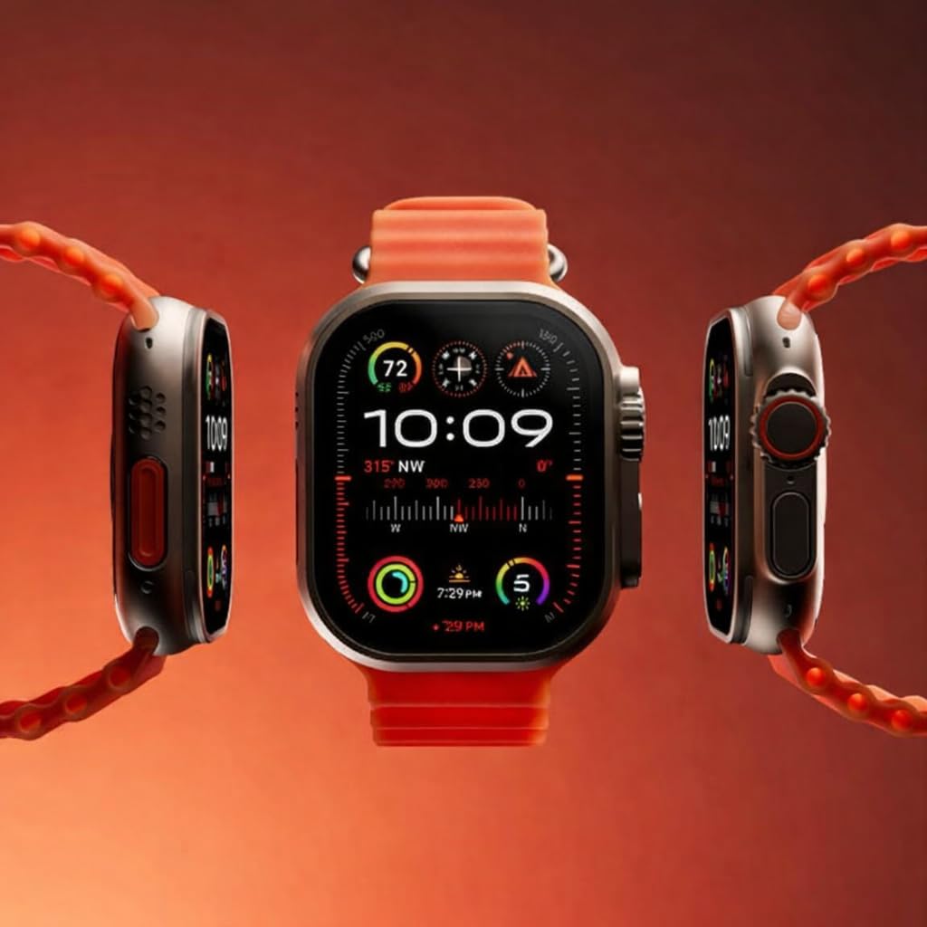 T800 Ultra Smartwatch with Bluetooth Calling, Heart Rate Monitor, Orange Silicon Band, Magnetic Fast Charging Cable, Square Display