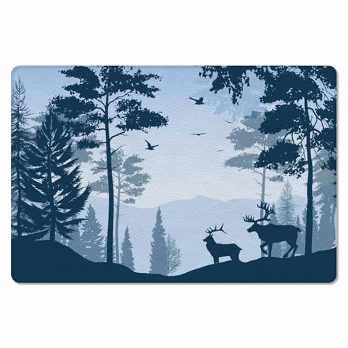 Forest Animal Elk Kitchen Bath Door Mat Cushioned Runner Rug,Washable Welcome Floor Sink Antifatigue Mat,Waterproof & Non-Slip Comfort Standing Doormat,Deer Trees Birds Rustic Cabin Lodge Blue 18