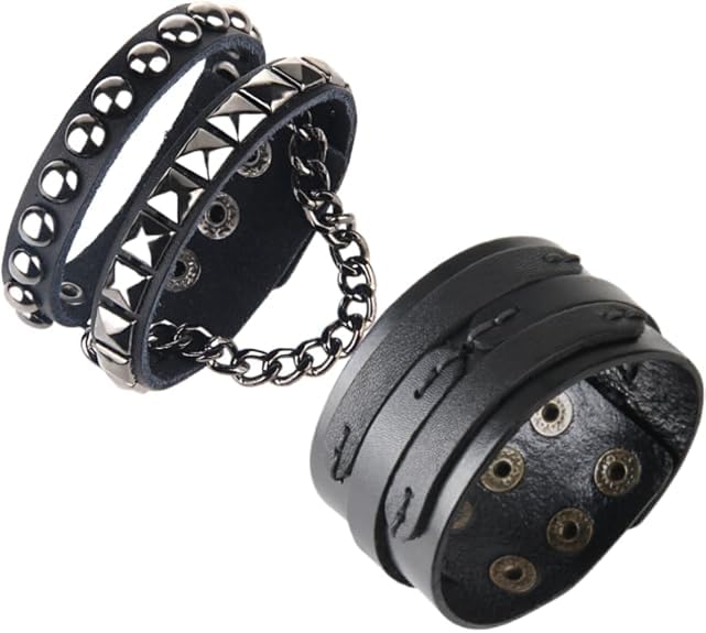 Punk Leather Cuff Bracelet 2PCS PU Leather Wristbands with Chain Rivet Goth Rock Retro Vintage Jewelry for Men