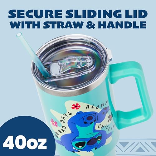 Image of Silver Buffalo Disney Lilo and Stitch Aloha No Bad Days Chillin' Double Walled Stainless Steel Tumbler with Handle and Straw, Fits in Standard Cup Holder, 40 Ounces