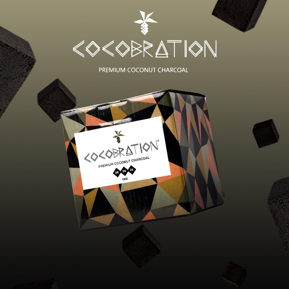 Cocobration Premium Shisha Kohle Kokoskohle Naturkohle Kokosnuss und BBQ Kokos Coal Briketts für Wasserpfeife & Grill Würfel Kohlen & Grillkohle mit Langer Brenndauer (26er, 20kg)