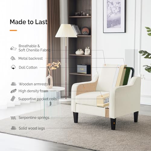 Image of VINGLI Cream Accent Chair, Chenille Upholstered Armchair for Living Room