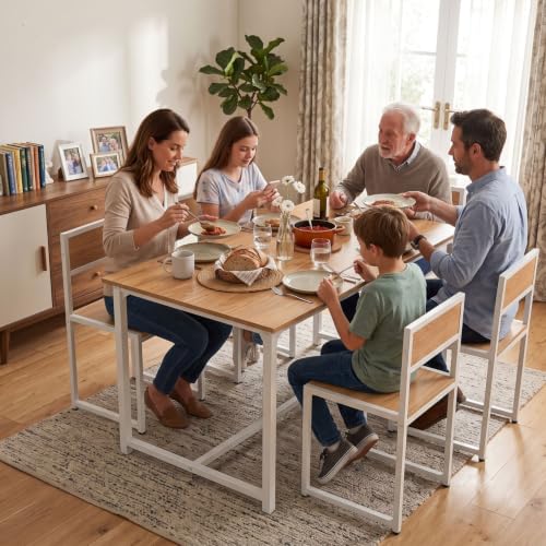 Image of FFO 4 Seater Dining Table Set for Home, Compact Space Saving Dining Table with 4 Chairs, Metal Frame & Engineered Wood Top, Modern Kitchen Table Set for Dining Room, Apartment & Small Spaces