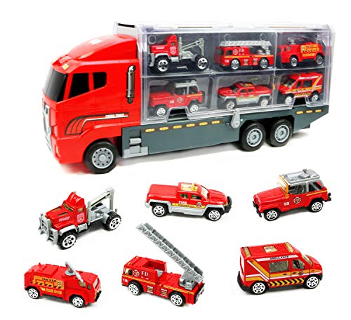 Smart Novelty Die Cast Emergency Trucks Vehicles Toy Cars Play Set in Carrier Truck - 7 in 1 Transport Truck Emergency Car Set for Kids Gifts (Fire Vehicle Set)
