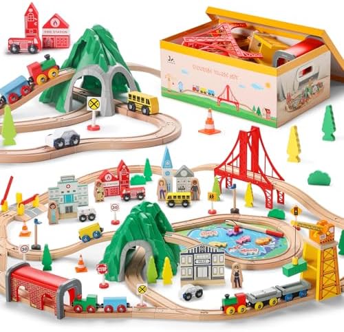 SainSmart Jr. 114PCS Wooden Train Set with Storage Box, Wood Trai...