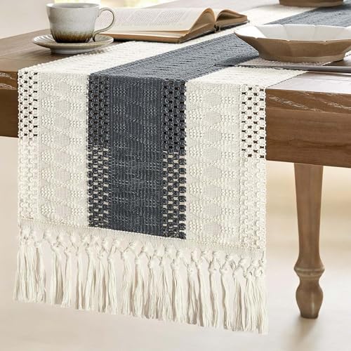 CAPASTEC テーブルランナー クロス マクラメ フリンジ ボヘ ミアン風 北欧風 モロッカン風 ファームハウス風 ラスティック ホームデコ リビングル ーム用 ダイニング用 タッセル付き テーブルセンター ブリ ッジランナー リネン シンプル 140