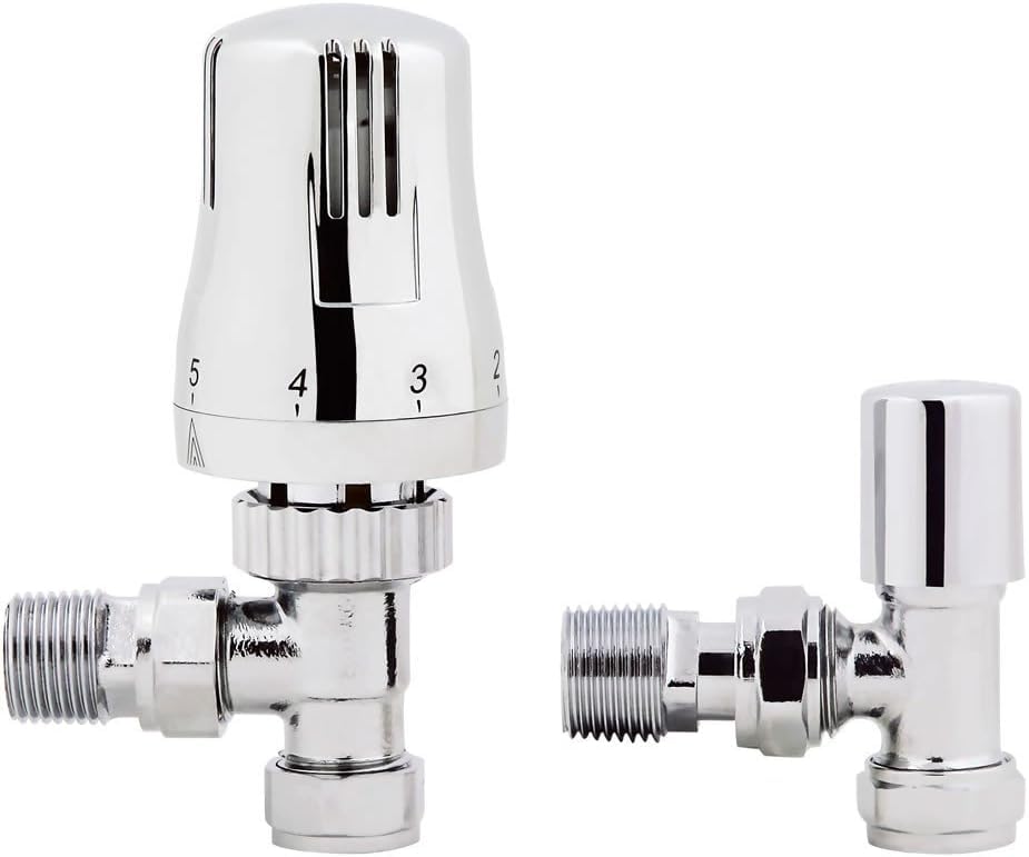 iBathUK | Thermostatic Chrome Angled Towel Radiator Valves TRV 15mm Central Heating Taps RA07A