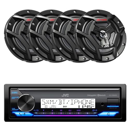 JVC KD-X38MBS Single DIN Marine Motorsports USB Bluetooth AM/FM Stereo Receiver with 4X 6.5 150 Watt Peak Power 2-Way Waterproof Boat Audio Speakers (Black)