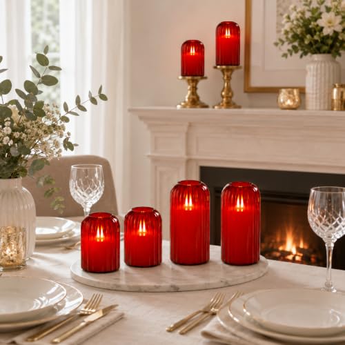 Image of Lezonic Red LED Flameless Candles, 4 Pcs Glass Battery Operated Pillar Candles with Remote, Dancing Flickering Flame Real Wax, Home Decor for Wedding, Halloween, Christmas, & Holiday Table Centerpiece